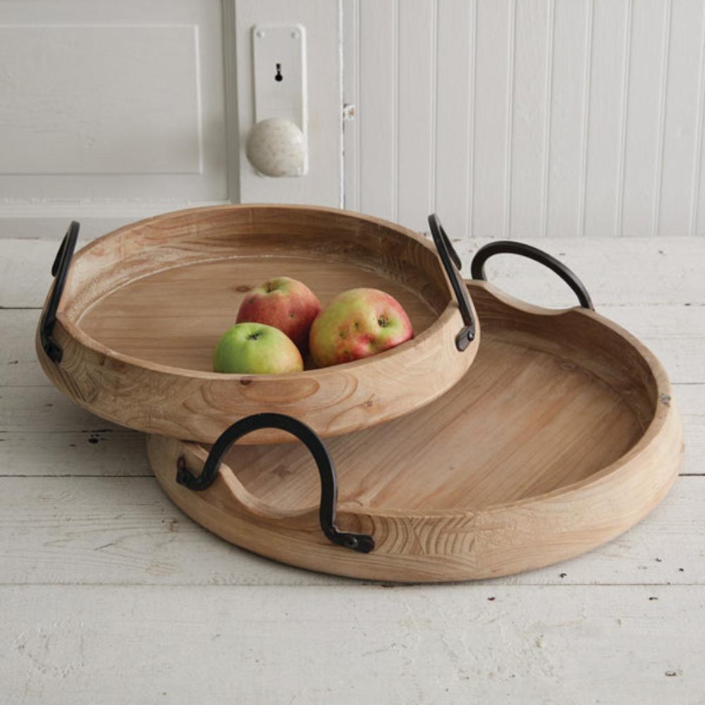 Farmhouse round wood trays with black metal handles and angled lip. 2 sizes available