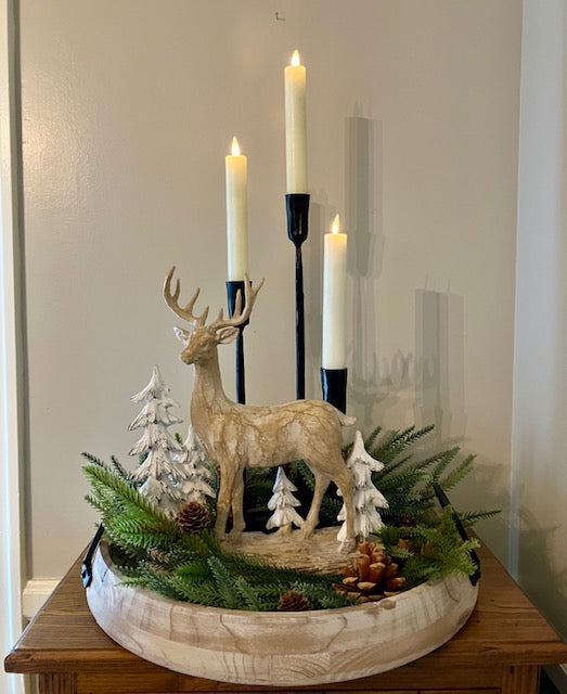 Set of 3 black iron candle holders shown in Abrams tray large, Deer with trees, and Norfolk candle ring.