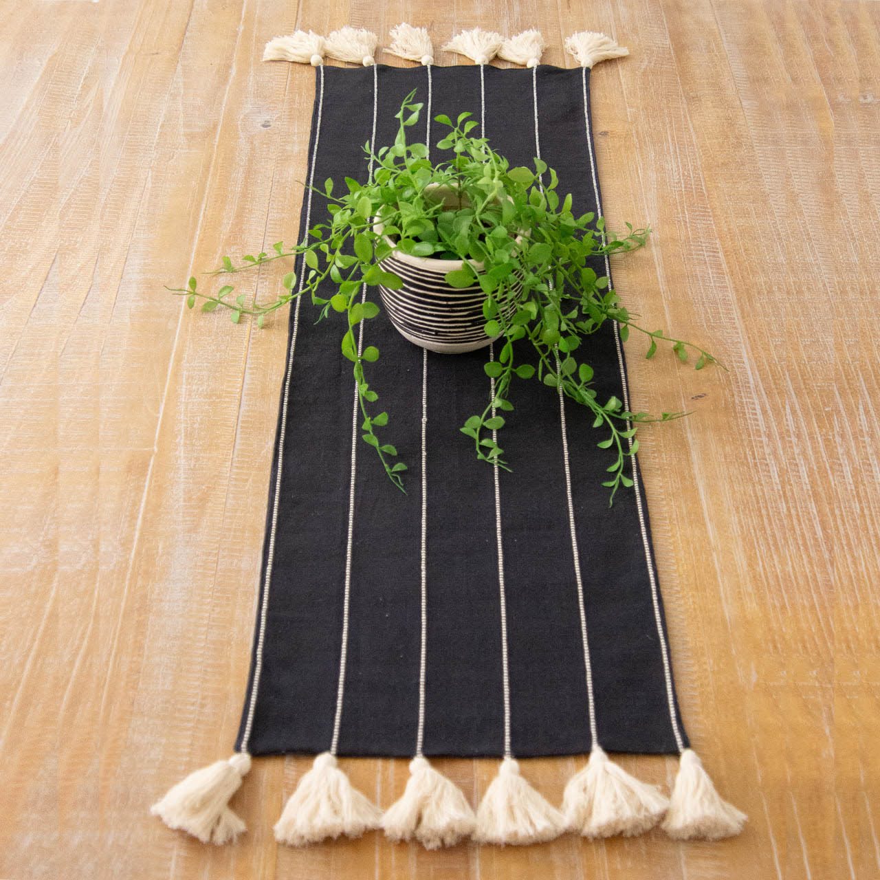 Black With White Stripe and Tassels Table Runner