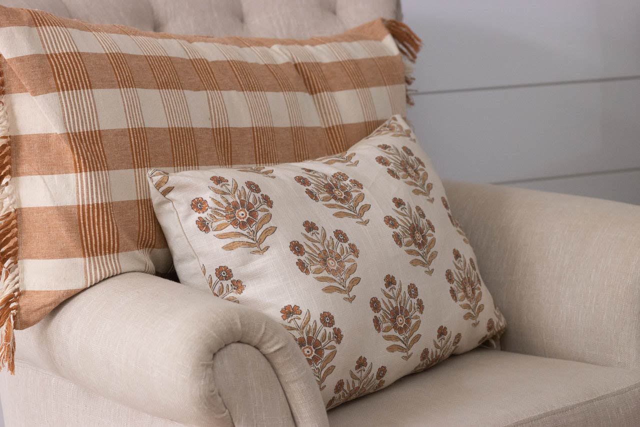 Block print pillow and Ochre plaid pillow