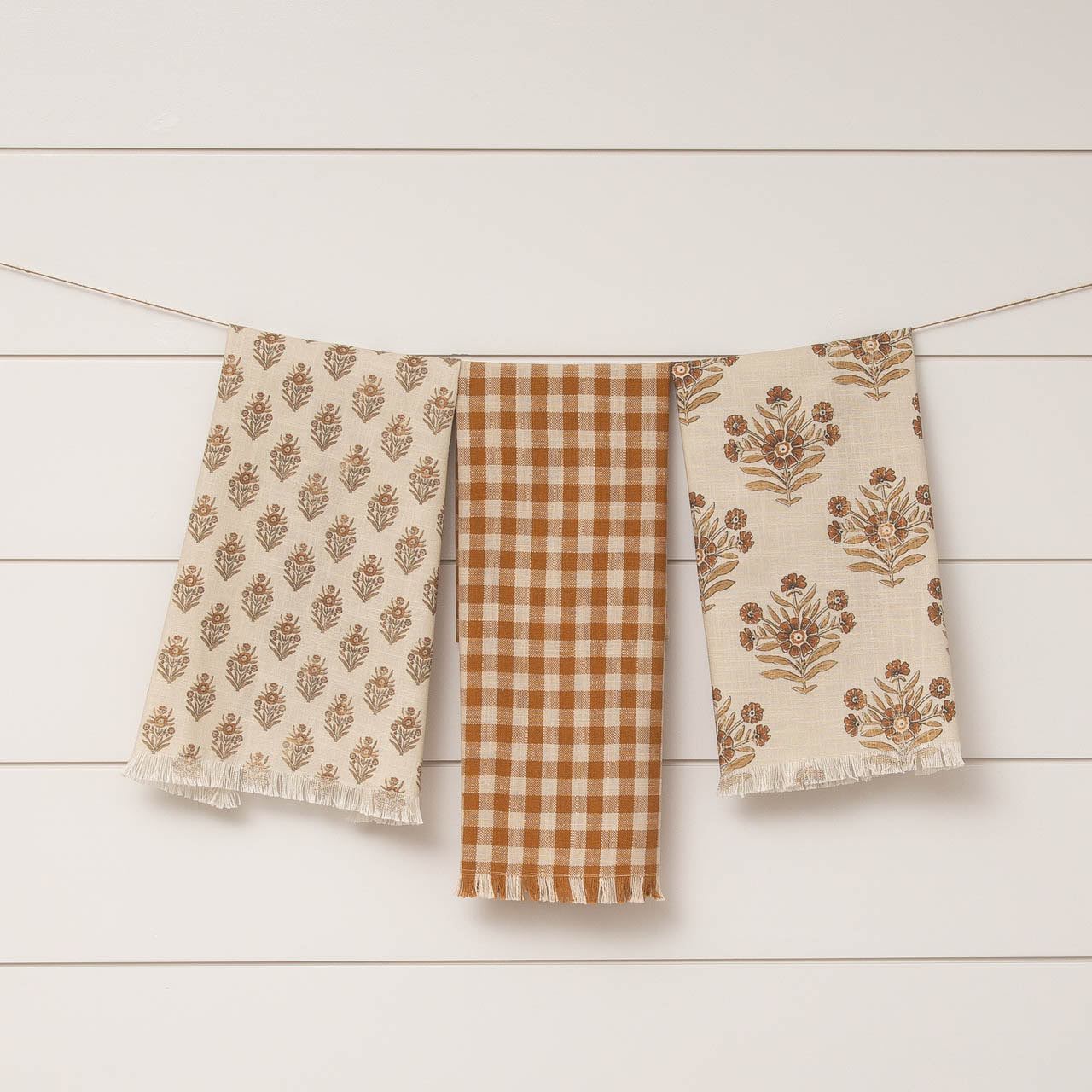 Block Print Silhouette and Check Dish Towels Set of 3