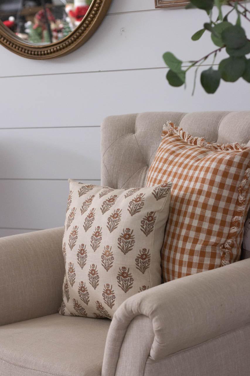 Traditional Collection Pillows, Medallion Block Print and Rust and Cream Check Pillows