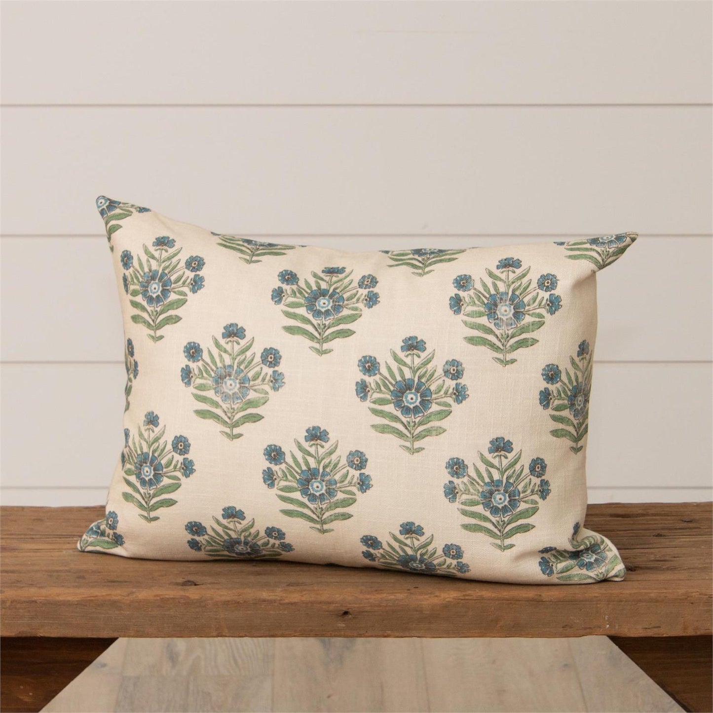 Blue block print floral all over pattern rectangle lumbar pillow. 12" high x 20" in length.