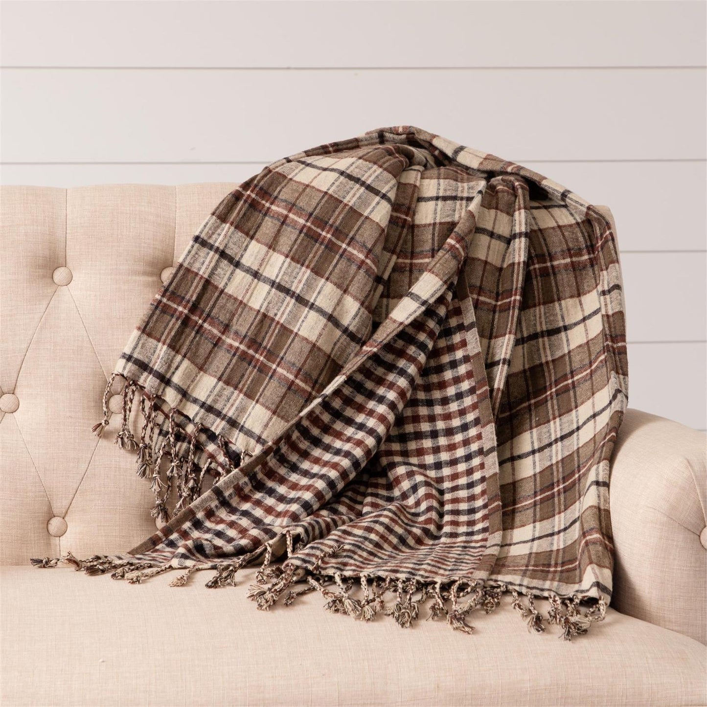 Brown plaid brushed cotton reversible Plaid throw with fringes. reversible side is checkered pattern.