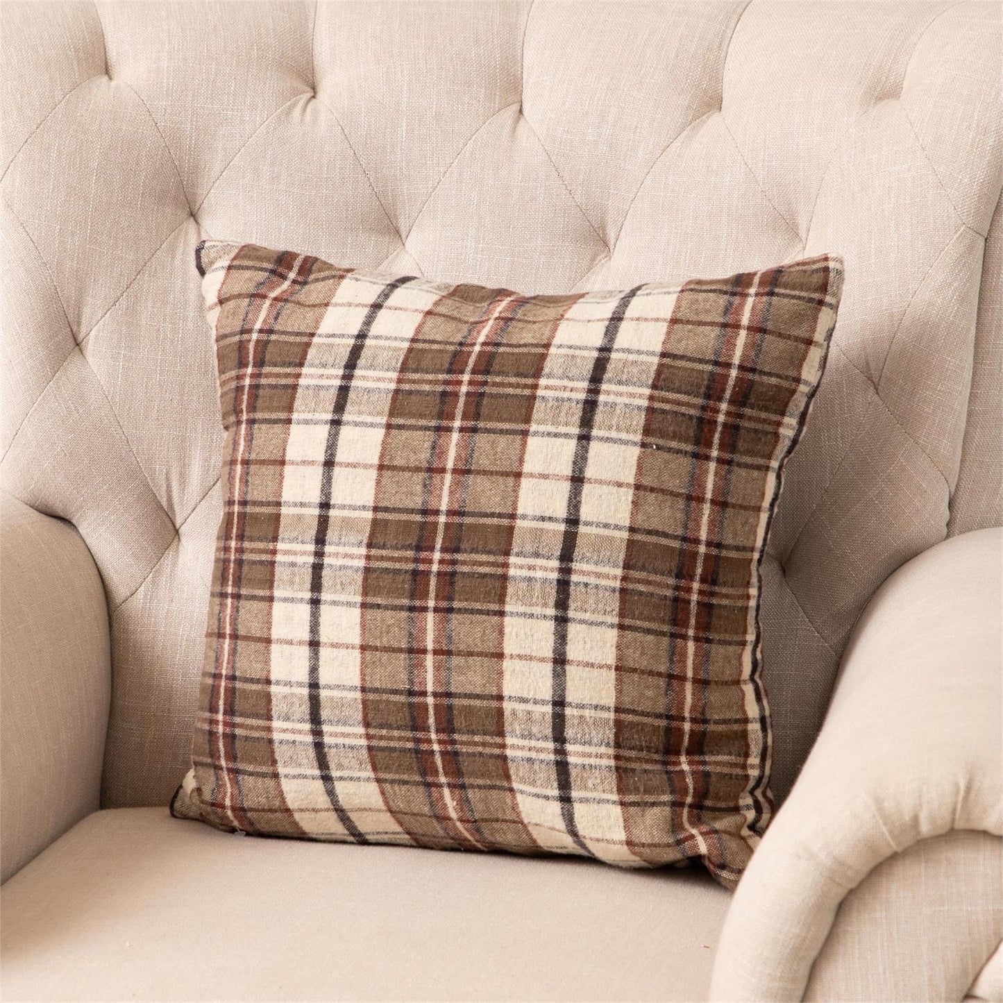 18" x 18" square brushed cotton plaid fabric pillow . Plaid fabric colors of brown, white, black and red with a reversible plaid fabric. great for the Fall and Winter seasons.
