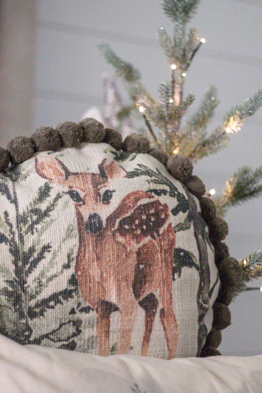 Forest Deer Round Pillow with Pom Poms
