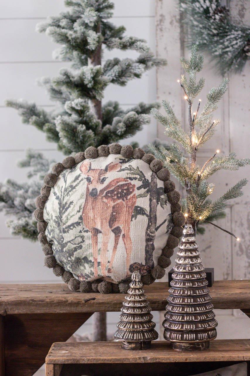 Forest Deer Round Pillow with Pom Poms