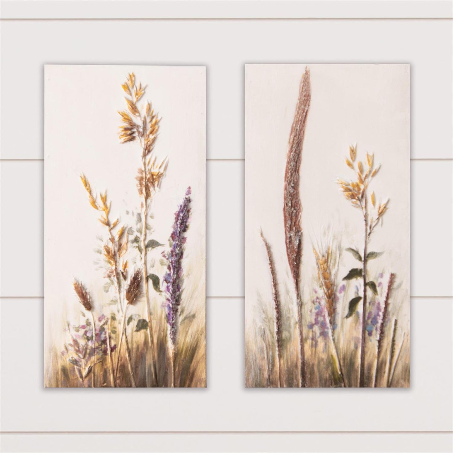 These rectangular wall prints have a embossed design with colorful floral stems, Set of 2