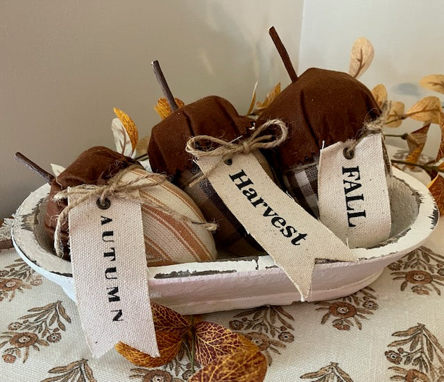 Set of 3 plaid fabric acorns with fall, harvest and autumn fabric tags
