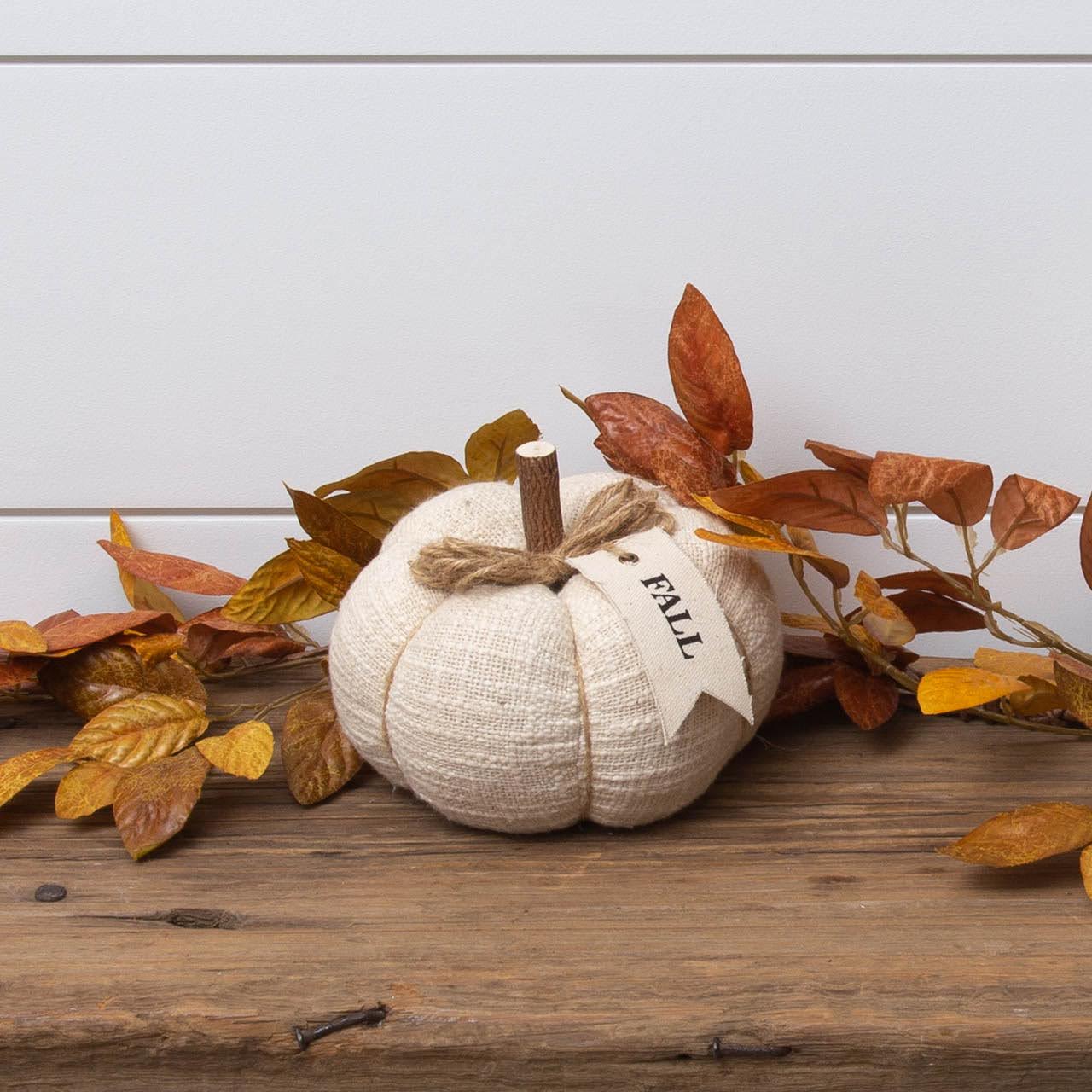 Small Cream Fabric Pumpkin with Fall Fabric Tag