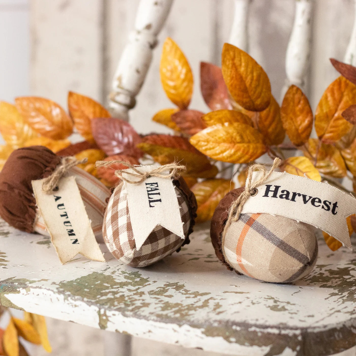 Set of 3 autumn plaid fabric acorns with fabric word tags.