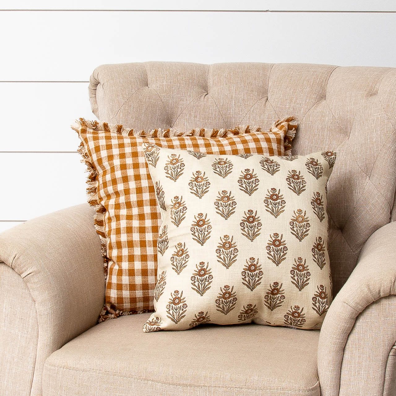 Block Print Small Pillow with Rust and Cream Check Pillow