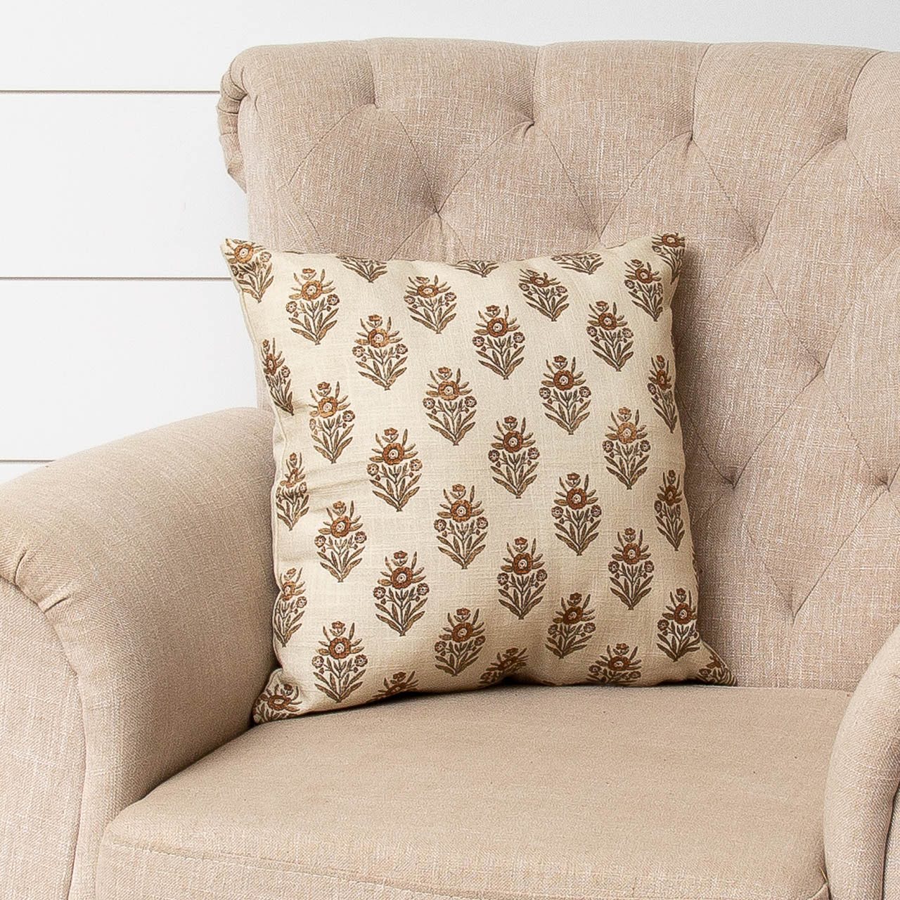 Medallion Block print pillow in rust and creams. 18" square throw pillow