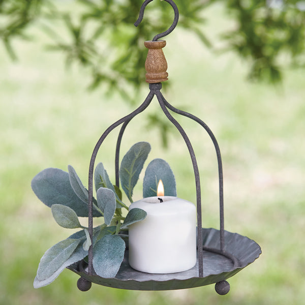 Hanging Metal Farmhouse Candle Pan with wooden accent.
