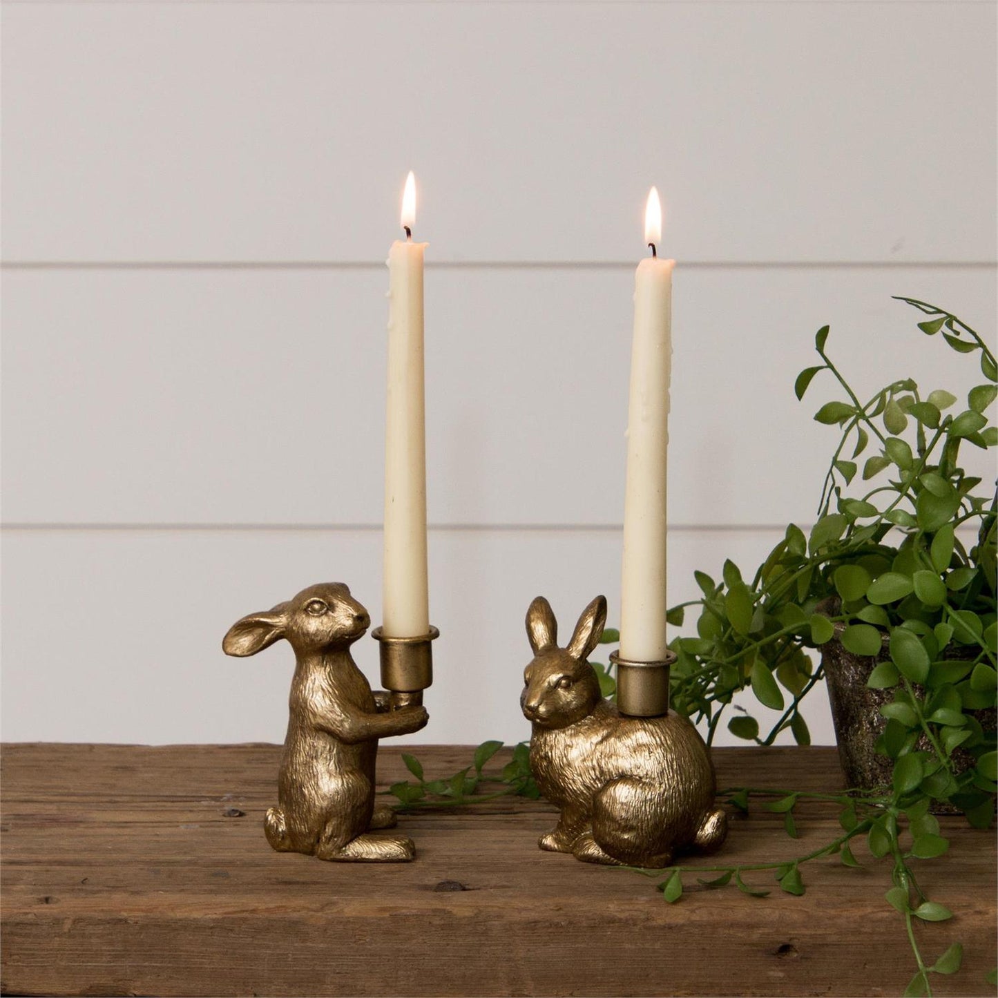 Gold finish set of 2 Bunny Candle holders. One bunny sitting and one standing.