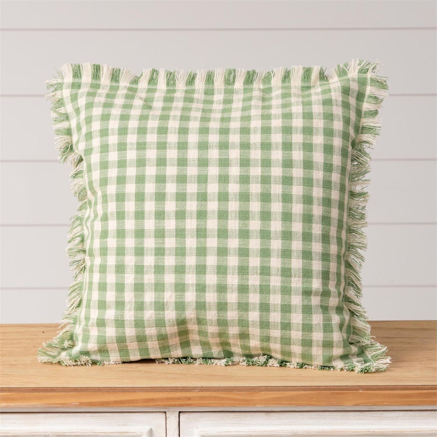 18" square throw pillow in a green and cream checked cotton fabric.