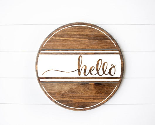 Hello Round Wall Sign, Early American and White Font