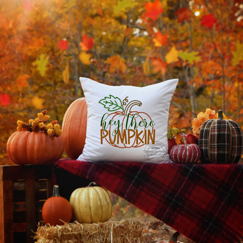 Hey there pumpkin pillow cover, Your choice of white or natural. Outline pumpkin design with Hey there pumpkin in fall colors of orange, brown and green.