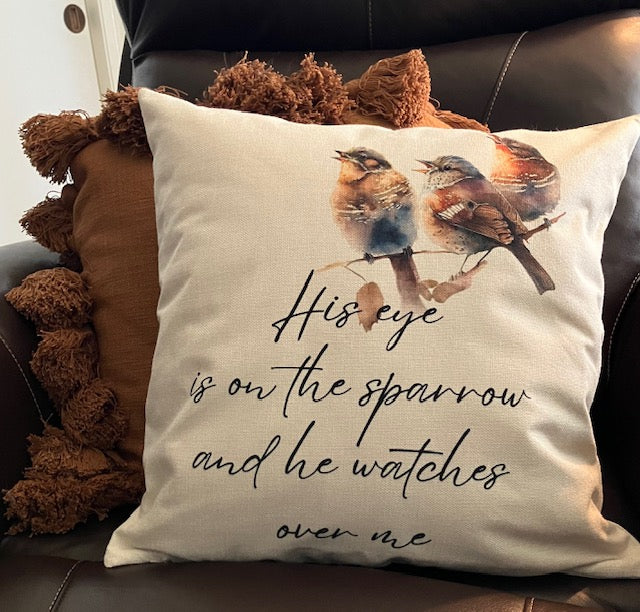His Eye is on the sparrow fabric pillow with birds