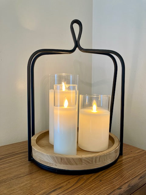 Black Open Lantern With Round Wood Base
