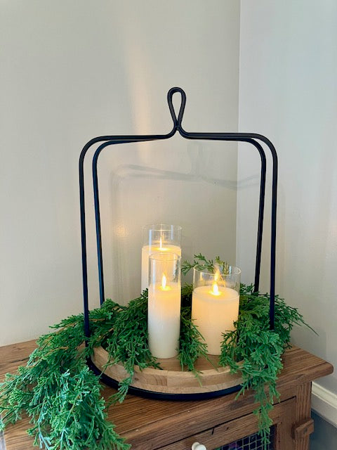 Black Open Lantern With Round Wood Base