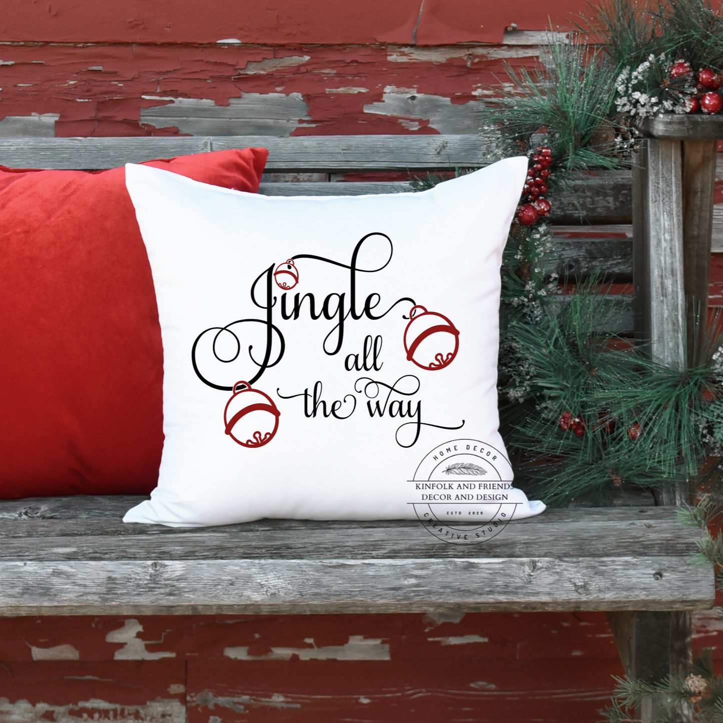 Jingle all the way phrase on a white 18 x 18 inch canvas pillow