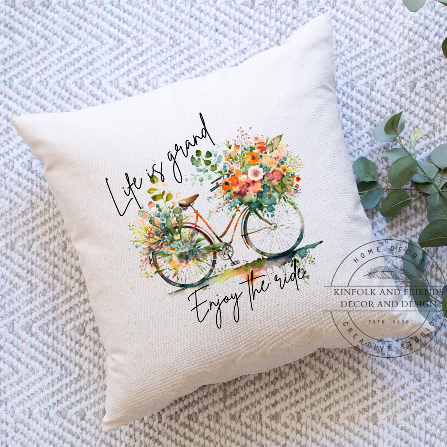 Life is grand Enjoy the ride bike with flowers pillow