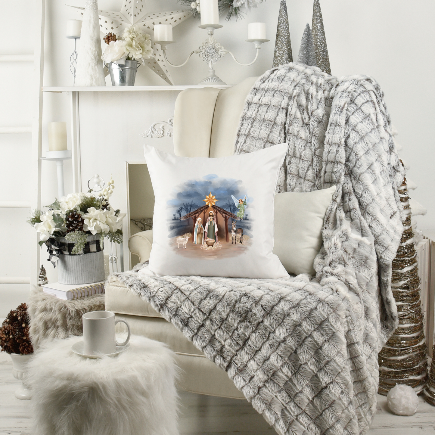 Nativity Pillow in Christmas Room Setting