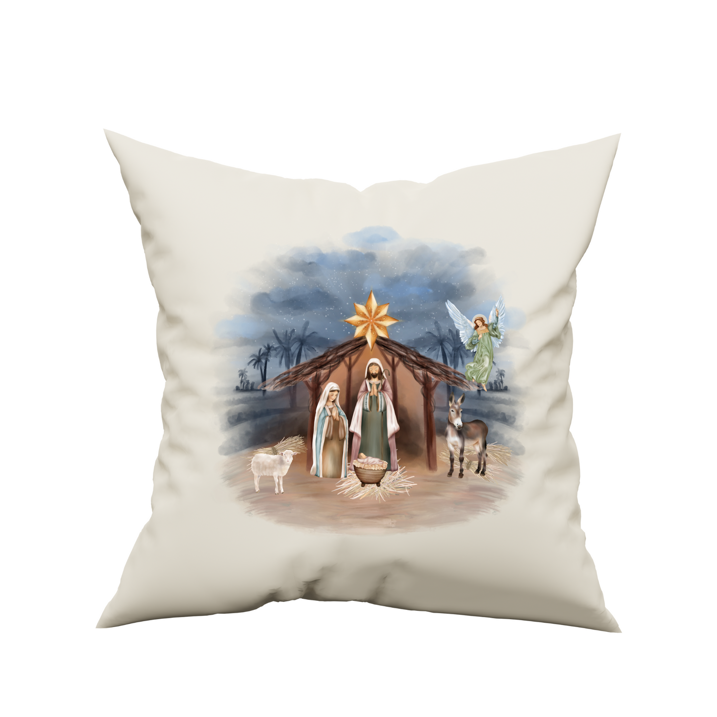 Christmas nativity scene on white canvas pillow
