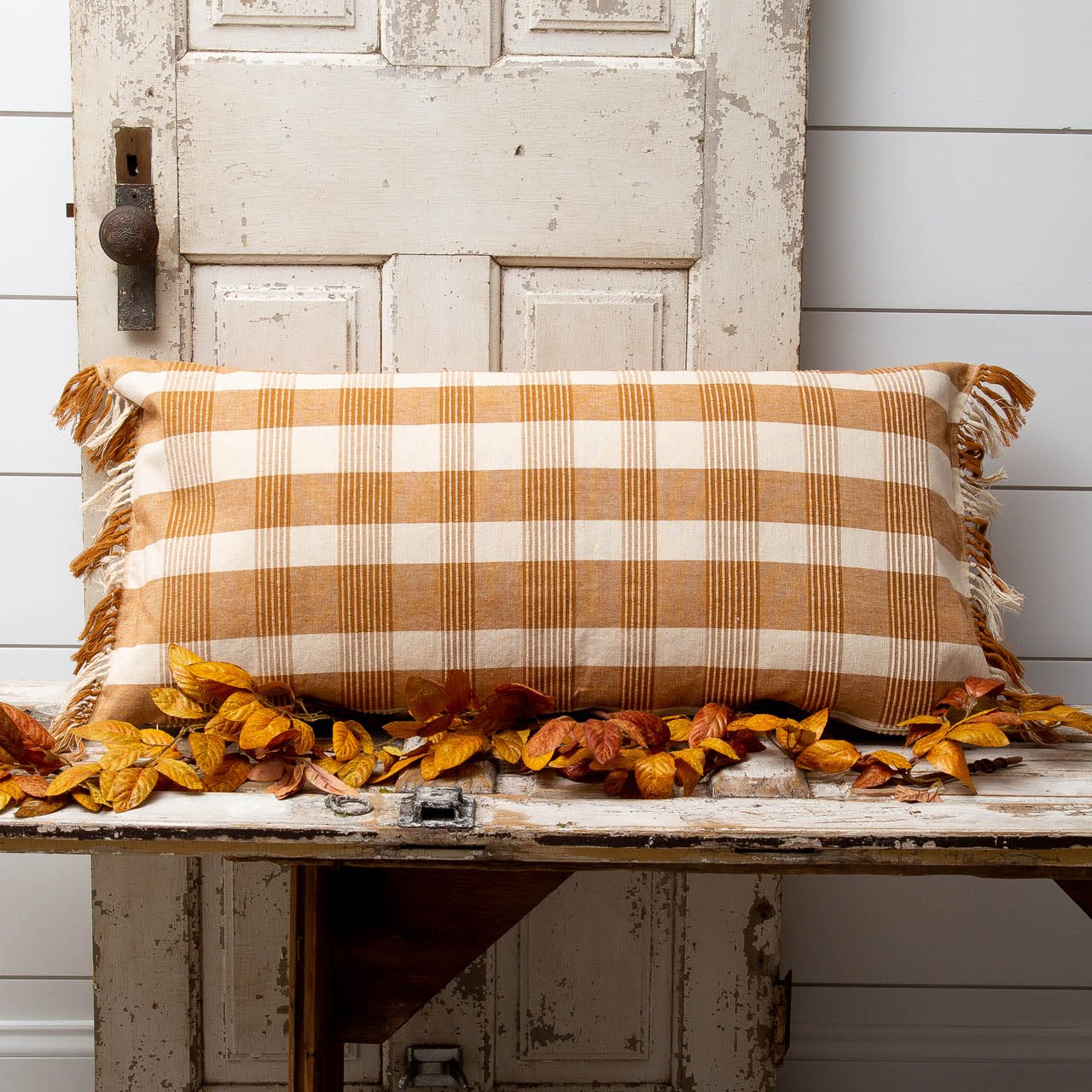 Woven Ochre Plaid Lumbar Pillow with Tassels