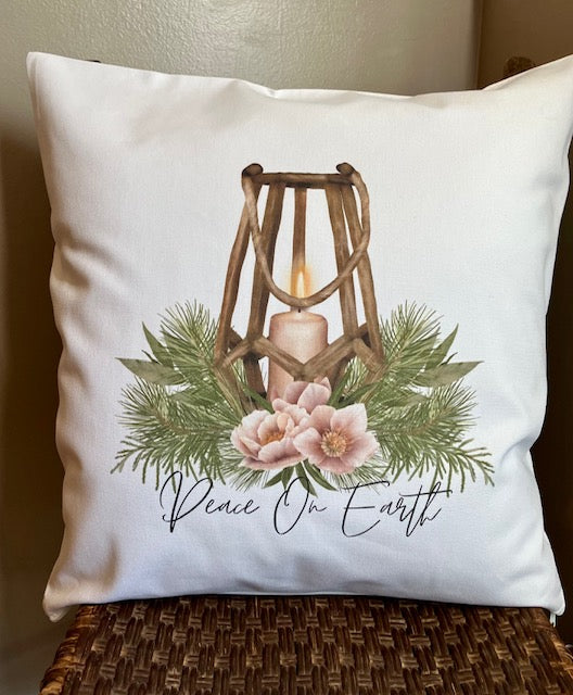 Peace On Earth Pillow Cover with wooden lantern with Christmas greens