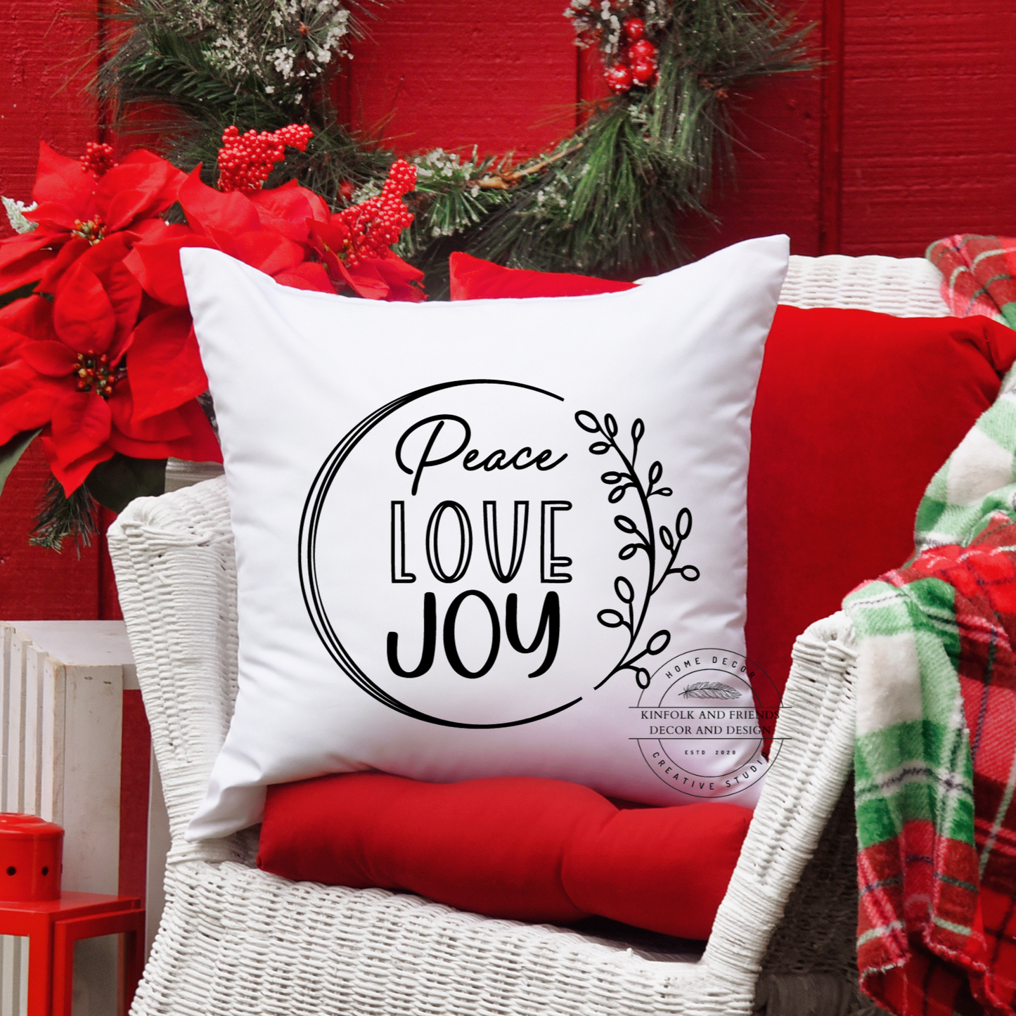 Peace Love Joy in a black design printed on a white cotton canvas pillow cover