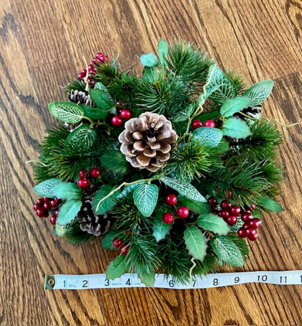 Pine and Berries half sphere with measuring tape to show size of the sphere.