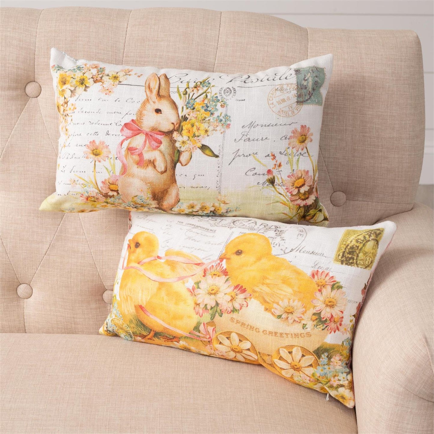 Vintage postcard pillow with rabbit or chicks design. 2 designs available