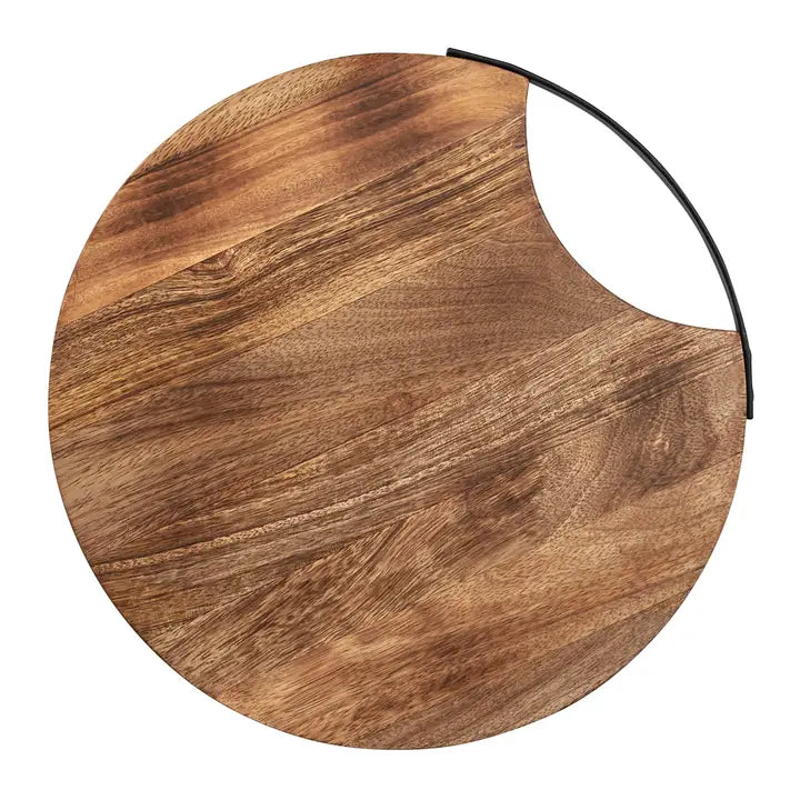 Round wood charcuterie board with black metal handle