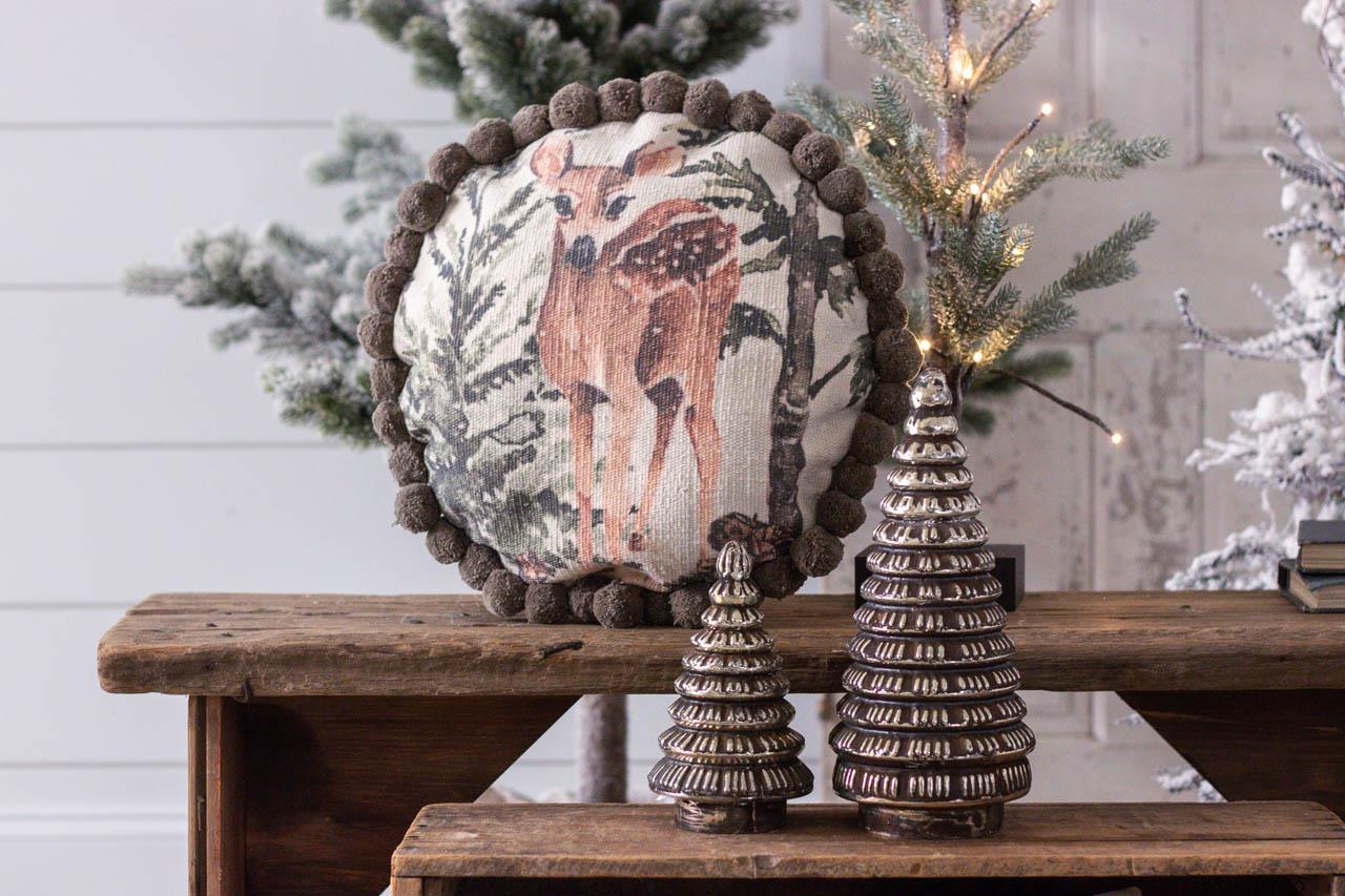 Forest Deer Round Pillow with Pom Poms