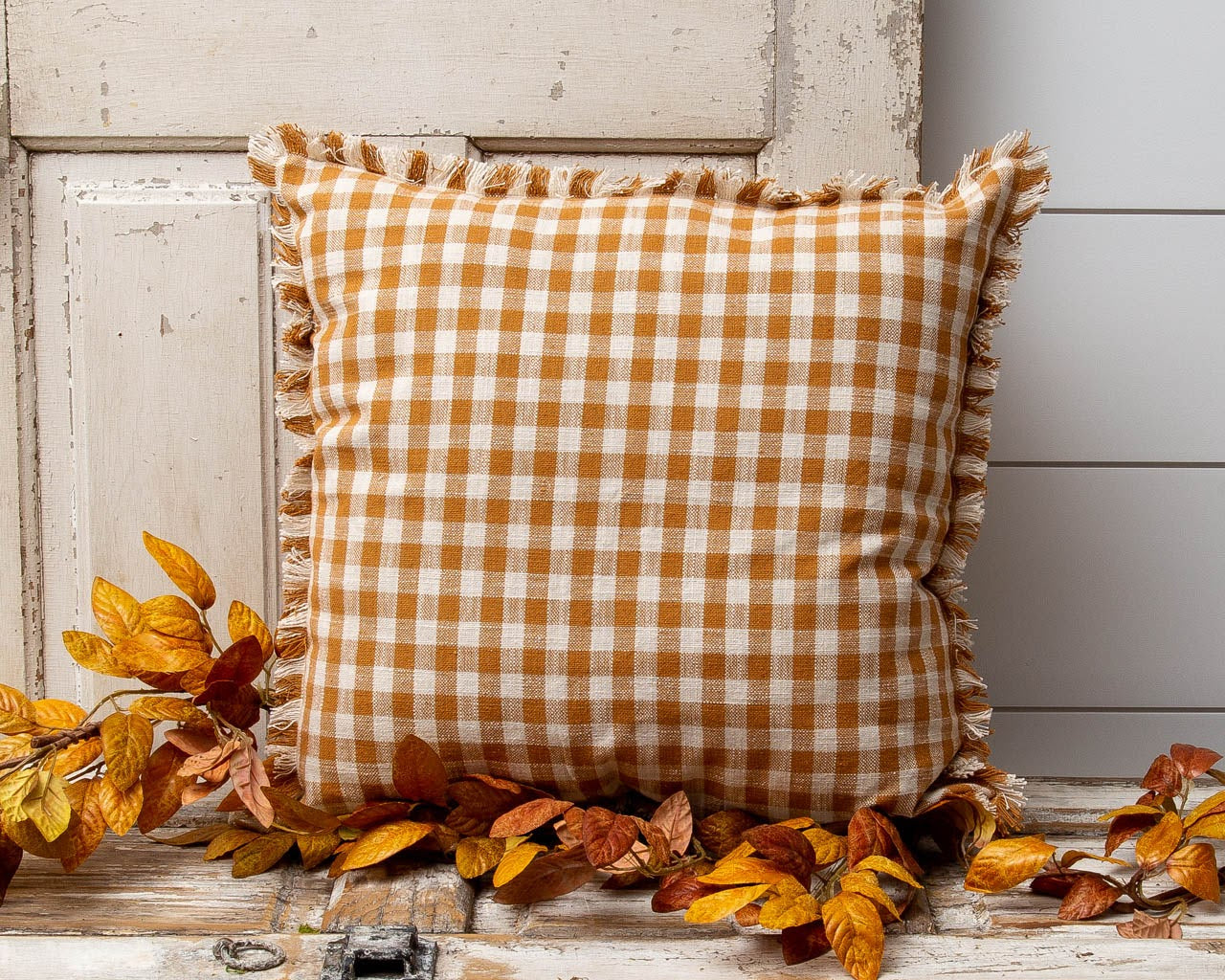Rust And Cream Check Pillow, 20" square throw pillow in cotton fabric.