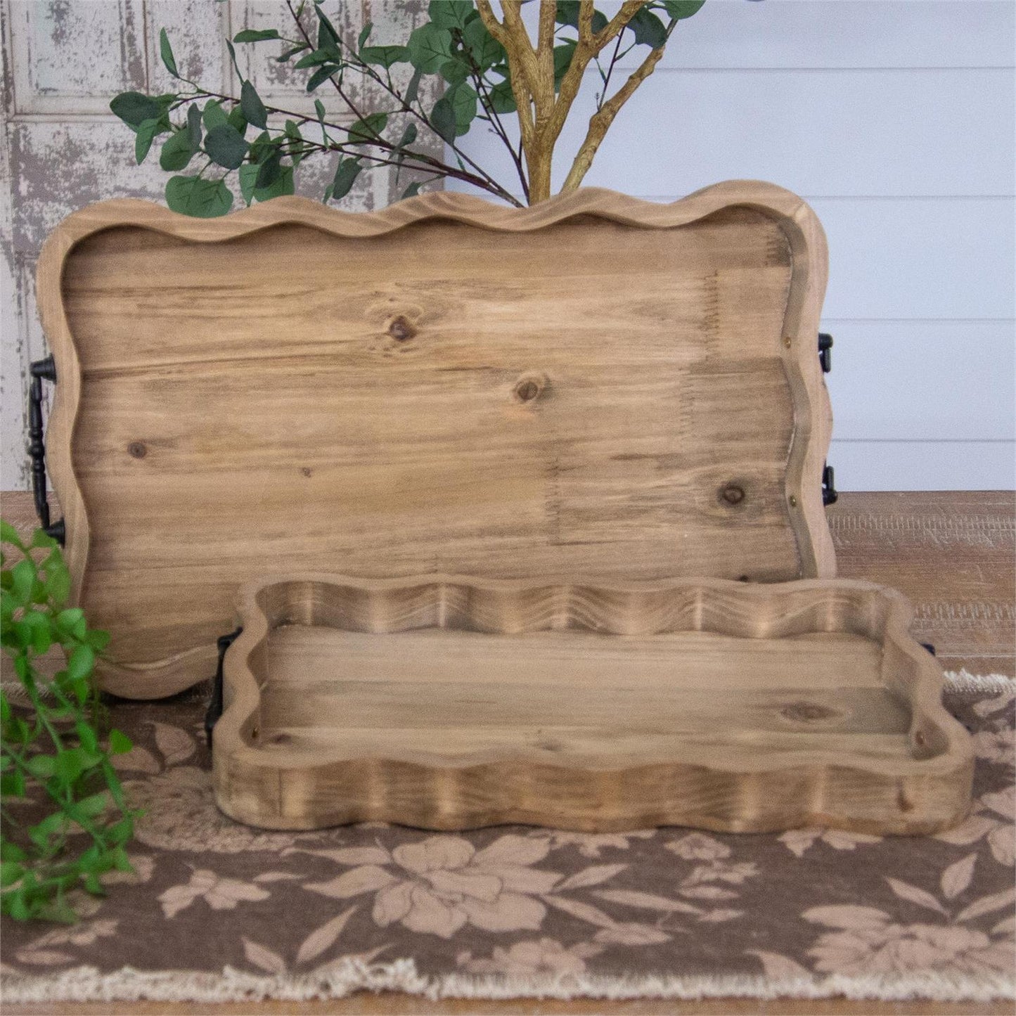 Rectangular scalloped edge wooden tray in a natural wood finish. 2 sizes available.