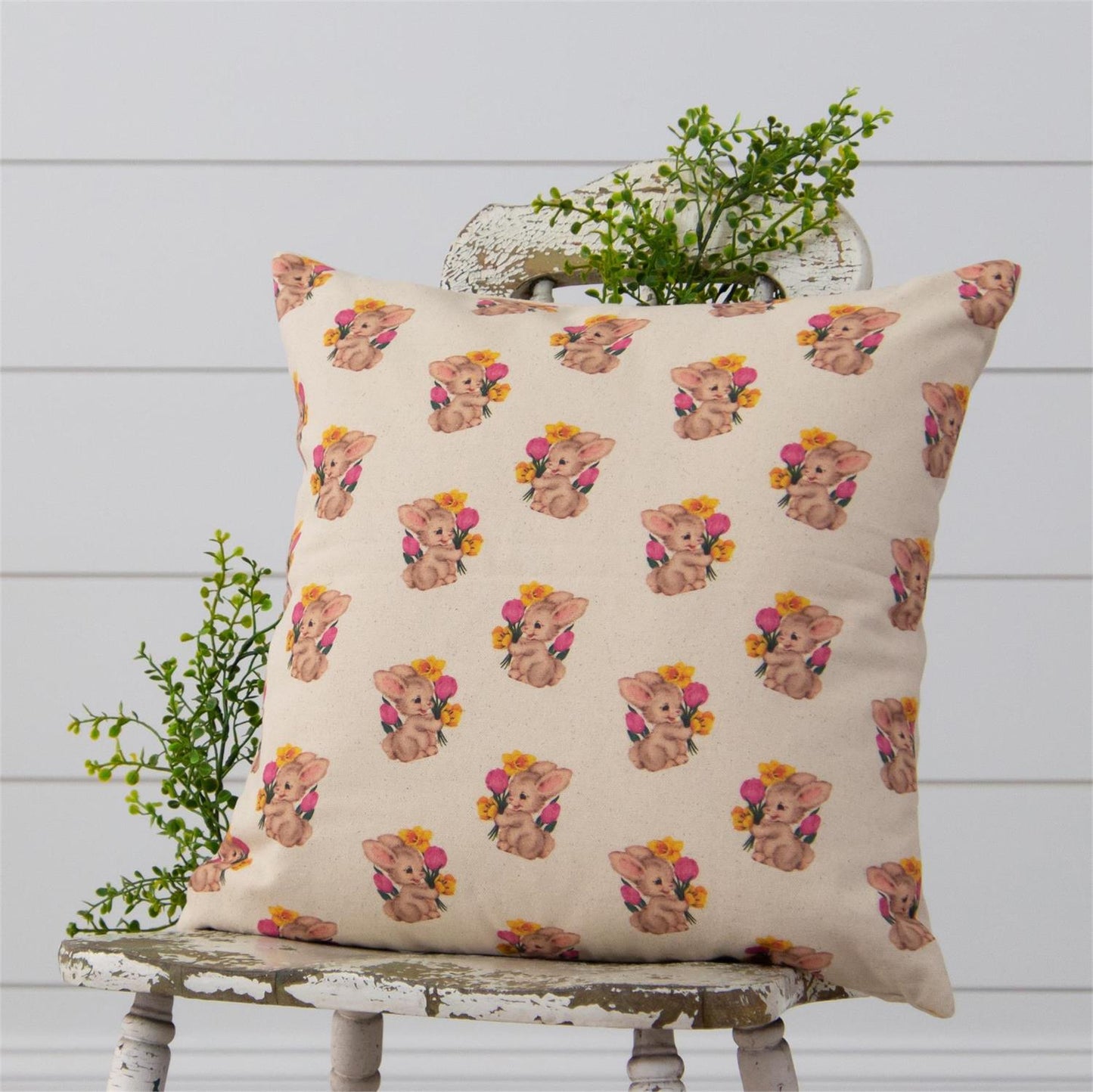 Vintage bunny all over pattern on reverse side of pillow.