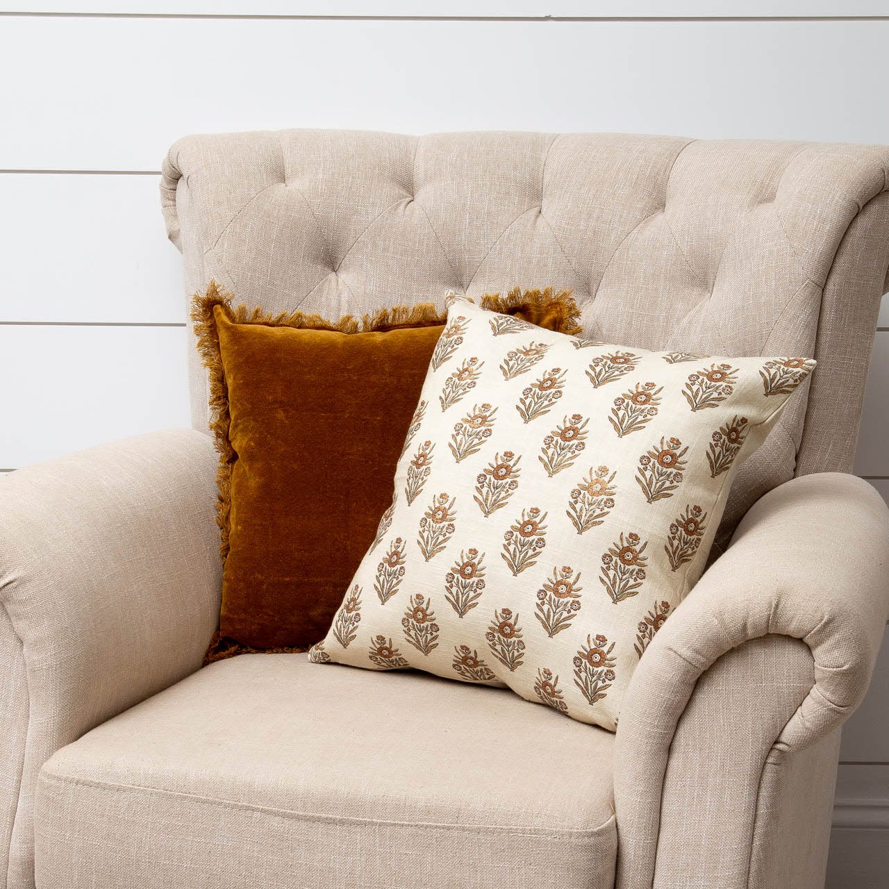 Traditional Collection Throw Pillows, Floral Block Print and Rust Velvet Pillows