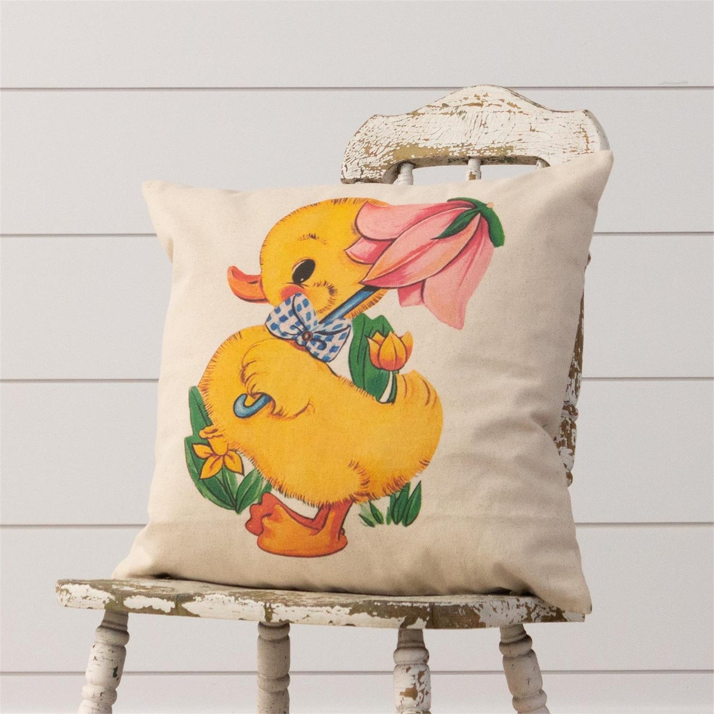 Whimsical Yellow Duck holding a tulip shaped umbrella. Vintage square spring pillow
