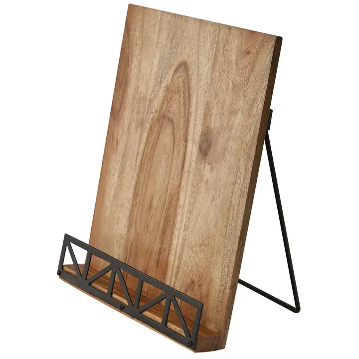 Stylish wooden cookbook holder with metal accent holder and easel