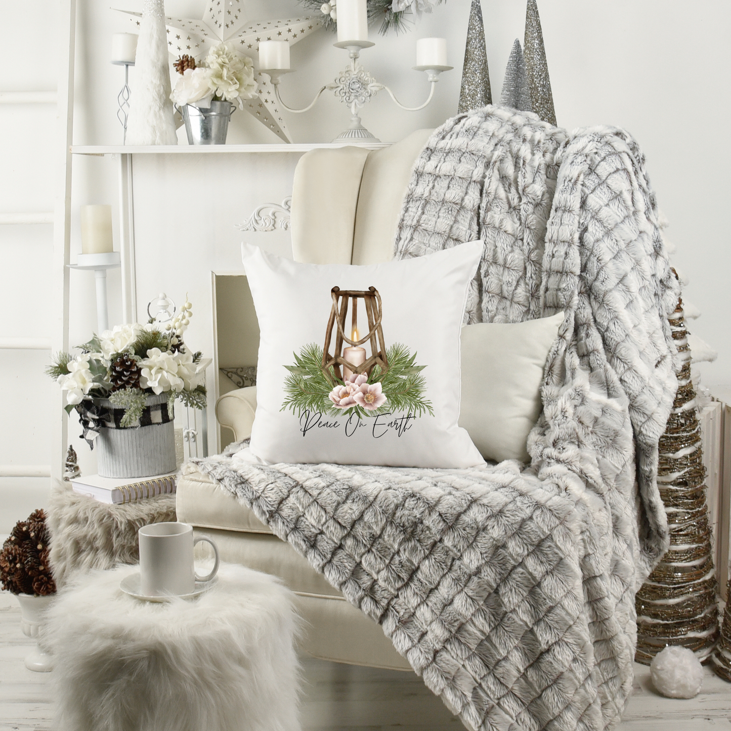 Peace on Earth white canvas pillow with wooden lantern and Christmas Greens