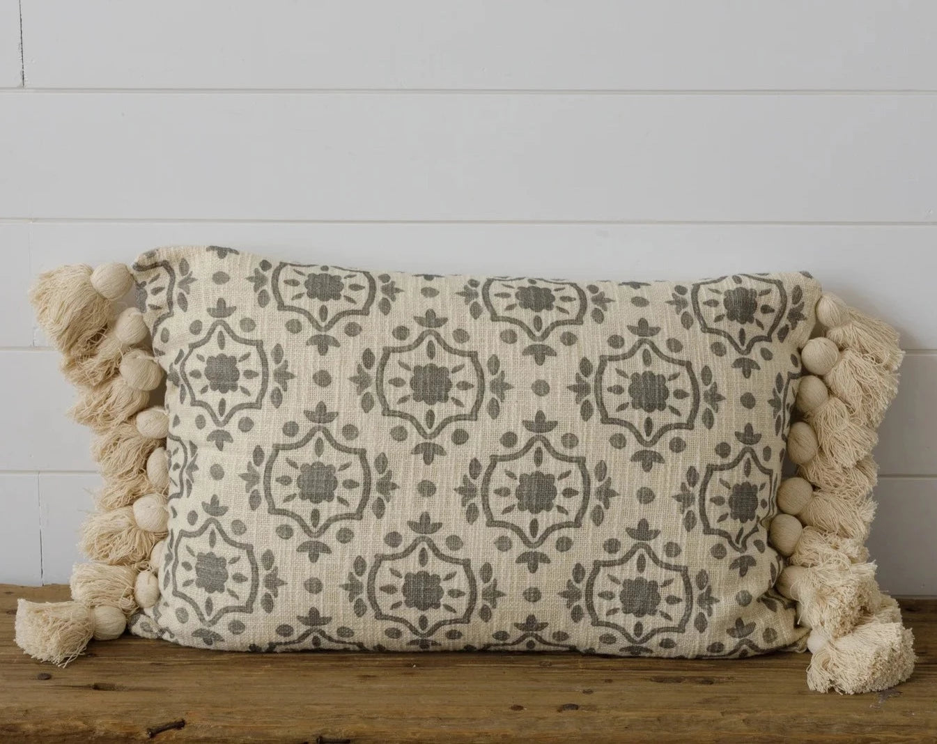 Arabesque Lumbar Pillow Black and White with end tassels