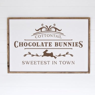 Cottontail Chocolate Bunnies, Brown font wood framed Sign