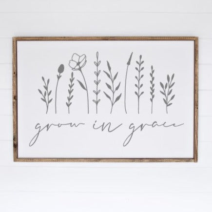 Grow in Grace framed sign with floral design, White with gray