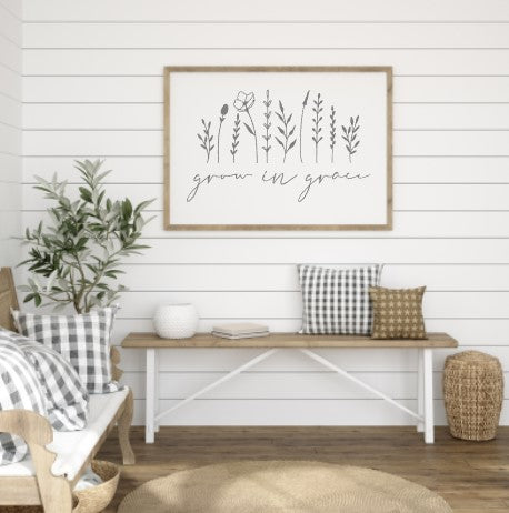 Grow in Grace framed sign with floral design White with gray
