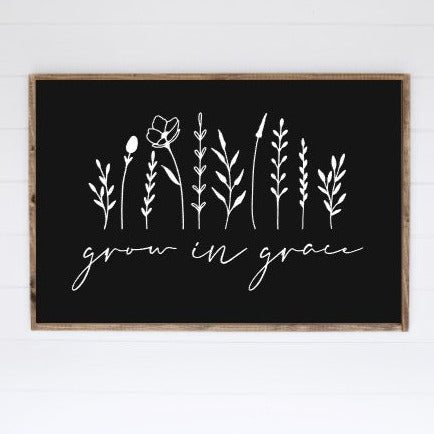 Grow in Grace framed sign with floral design, Black with White
