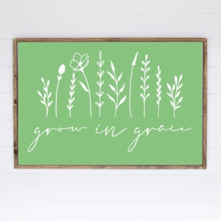 Grow in Grace framed sign with floral design, Green with White