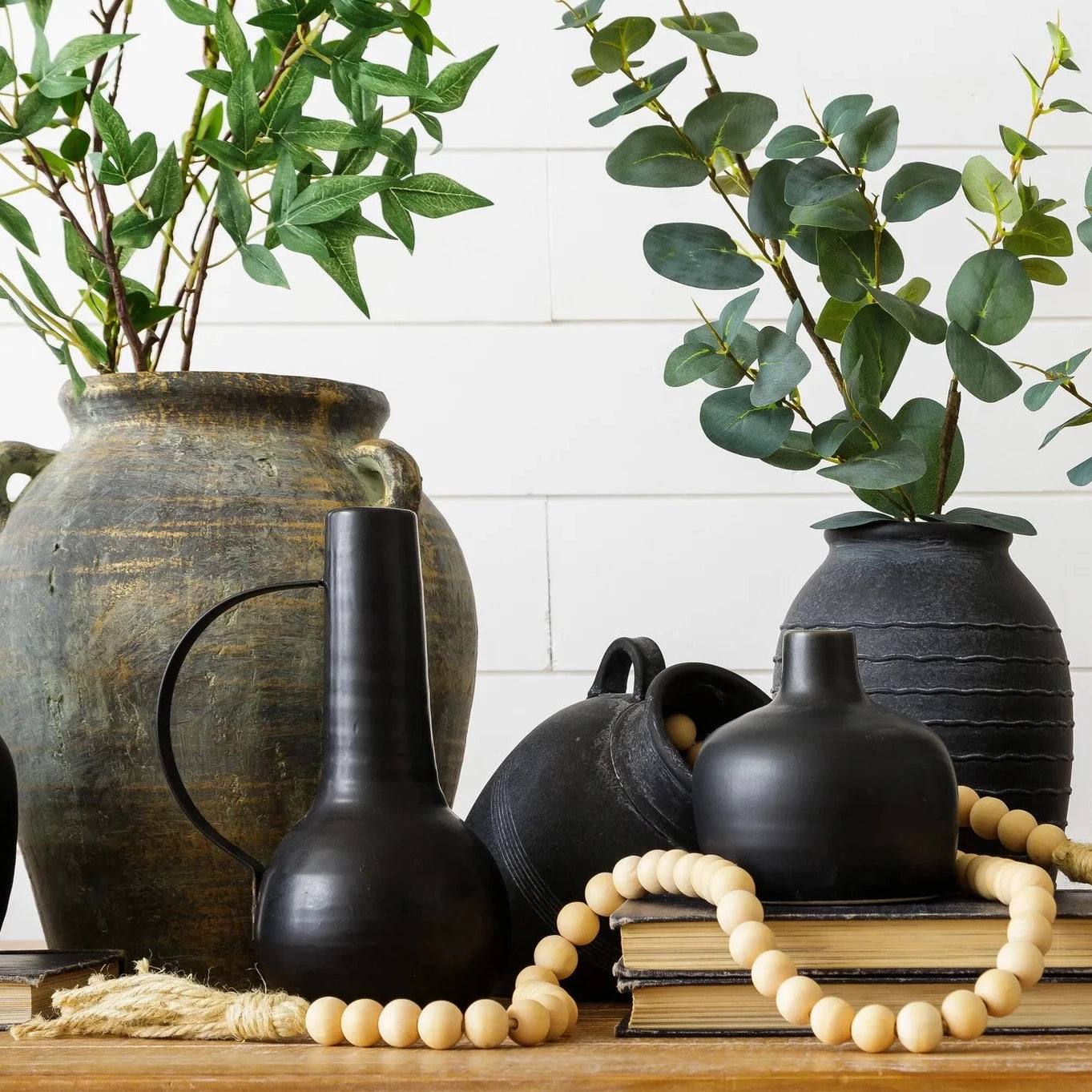 Matte Black Large Vase with handle in display